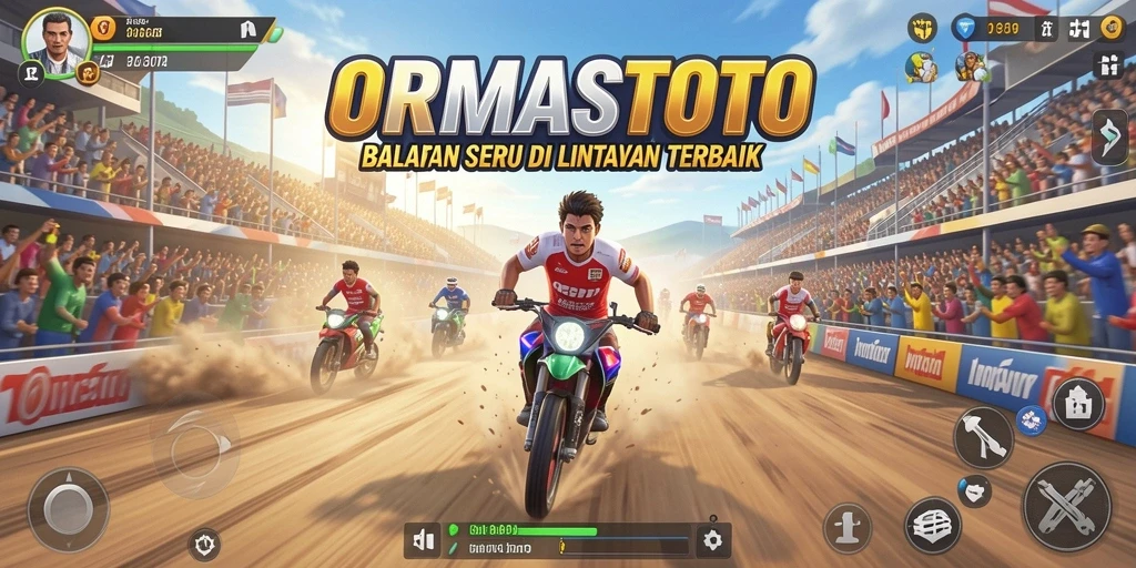 Tangkapan layar gameplay ORMASTOTO saat balapan di trek menantang.
