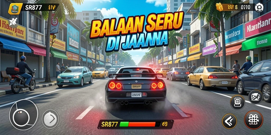 Screenshot utama SR877 menampilkan balapan mendebarkan di jalanan kota.